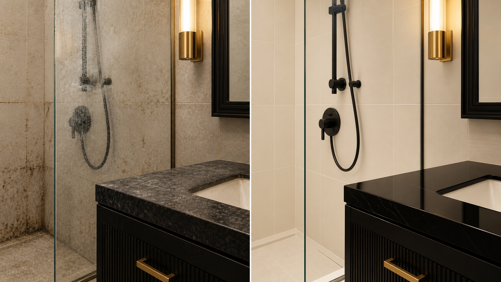 Antes e depois da limpeza detalhada de um banheiro