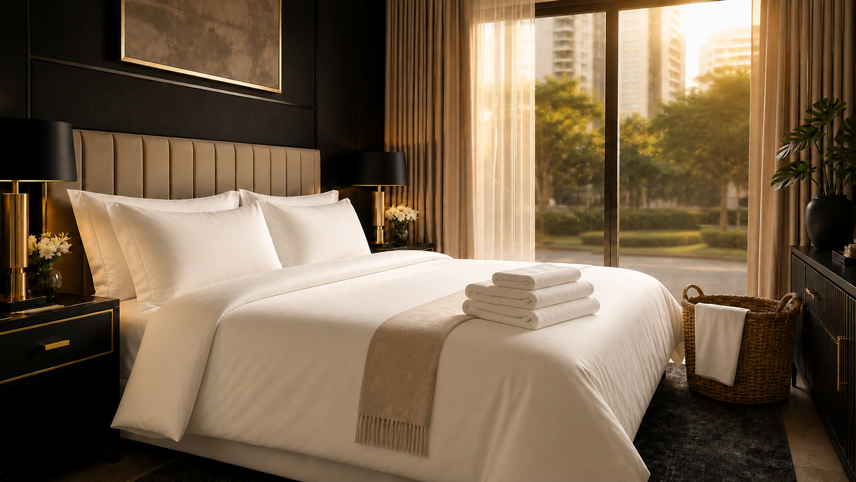 Suíte com cama impecável e enxoval branco premium